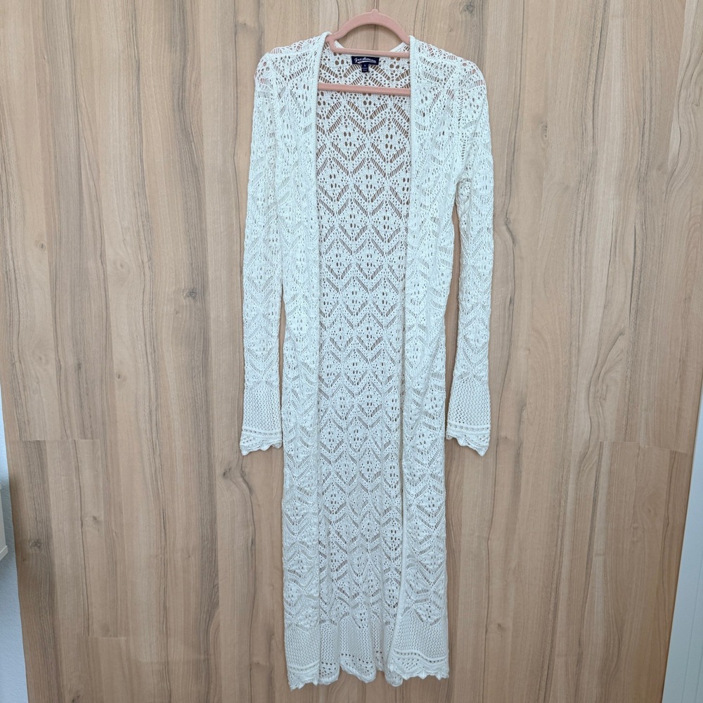 Freshman Crochet Cardigan Small Cream Longline Open Front Boho Festival‎ Cottage